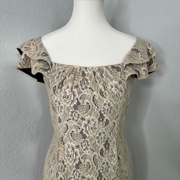 Antonio Melani Dress Size 2 Beige brown floral rose Lace Ruffle Sleeve Dress - Picture 2 of 6